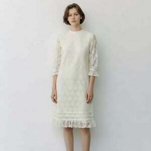 Vicky Vaughn Floral Lace Dress Ivory 3/4 Sleeve Ruffle Hem Cottage Boho‎ Wedding